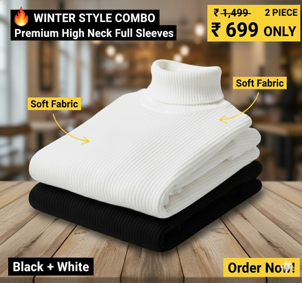 High Neck Black White Combo Full Sleeve Pullover