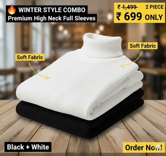 High Neck Black White Combo Full Sleeve Pullover