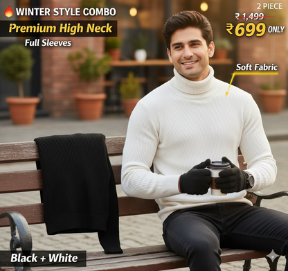 High Neck Black White Combo Full Sleeve Pullover
