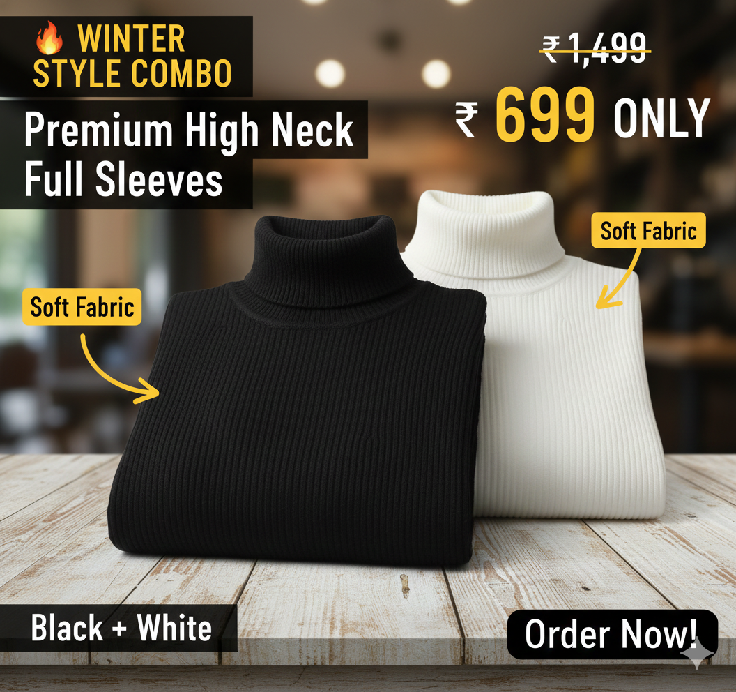 High Neck Black White Combo Full Sleeve Pullover