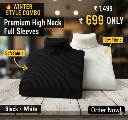 High Neck Black White Combo Full Sleeve Pullover